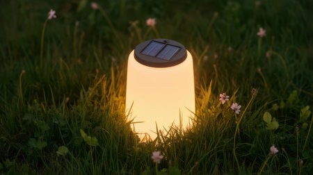 A white cylindrical solar lamp glows with warm yellow light in lush green grass dotted with small pink flowers at dusk.の素材