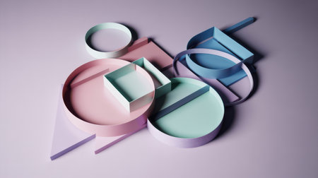 A collection of abstract geometric shapes in pastel pink, blue, mint green, and purple are arranged in a layered composition with soft studio lighting.の素材
