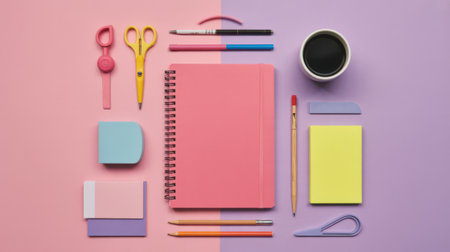 A flat lay arrangement of colorful stationery on a pink and purple background. Includes a pink notebook, yellow scissors, pens, pencils, sticky notes, and a cup of coffee.の素材
