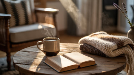 A steaming mug of coffee sits on a rustic wooden table next to an open book and a folded knit blanket. Sunlight streams in, illuminating the scene with a warm glow.の素材