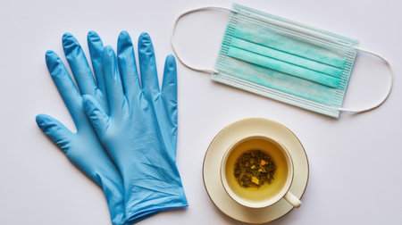 A flat lay arrangement featuring bright blue disposable gloves, a teal surgical mask, and a white teacup filled with herbal tea on a white background.の素材