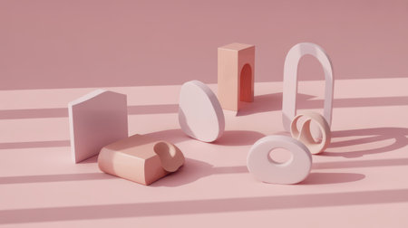 Soft pastel geometric shapes in pink and white are arranged on a pink surface. Striped shadows cast across the scene create a subtle visual texture.の素材