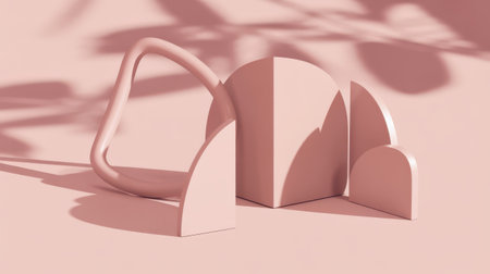 Soft pink abstract geometric shapes including a curved tube and semi-circular forms are arranged on a plain surface. Leaf shadows are cast across the background.の素材