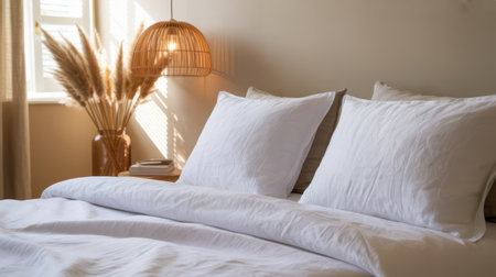 A close-up view of a white linen bed with two pillows and a duvet. Dried pampas grass in an amber vase sits near a window with blinds casting shadows. A woven pendant light hangs above.の素材