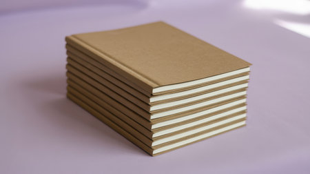 A stack of eight plain brown kraft paper notebooks with visible white pages rests on a soft lavender surface.の素材