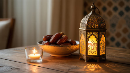 Ornate metal Ramadan lantern glows with warm yellow light casting intricate patterns on a wooden table. A bowl of dates and a lit candle in a glass holder sit nearby.の素材