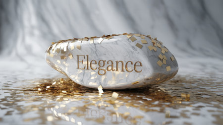 A smooth white marble stone with gold square confetti scattered across its surface and surrounding area. The word "Elegance" is embossed in gold on the stone.の素材