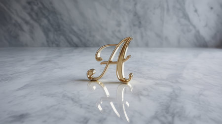 A single gold cursive letter A stands on a reflective white and grey marble surface with a blurred marble background.の素材
