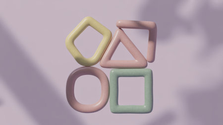Four rounded geometric shapes in pastel yellow pink and green are arranged in a grid on a light purple surface with soft leaf shadows.の素材