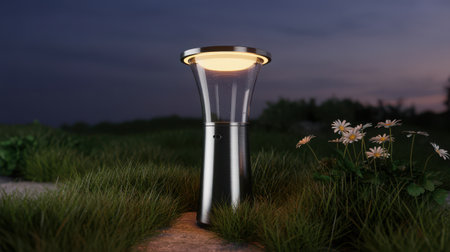 A brushed metal and glass garden lamp with a warm yellow glow stands on a stone path surrounded by green grass and white daisies at dusk.の素材