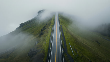 Aerial view of a wet asphalt road with yellow center lines, curving upwards into thick grey fog. Lush green hills flank the road, disappearing into the mist.の素材