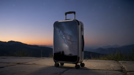 A silver rolling suitcase stands on a stone surface against a twilight sky. The suitcase front reflects the Milky Way galaxy and a dark treeline.の素材