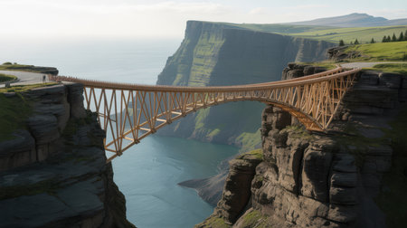 A long wooden arch bridge spans a deep blue ocean chasm between rugged, green-covered cliffs under a bright sky.の素材