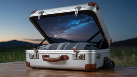 A silver suitcase with brown leather accents is open outdoors at dusk. Inside, striped bedding is visible. The lid reflects a vibrant starry night sky with the Milky Way.の素材