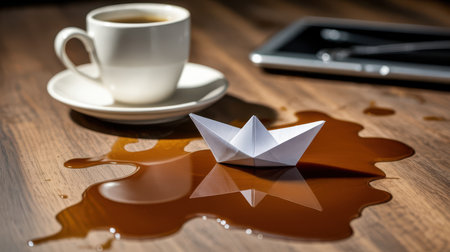 A white paper boat floats in a puddle of spilled brown coffee on a wooden table. A white cup and saucer are in the background, along with a tablet.の素材