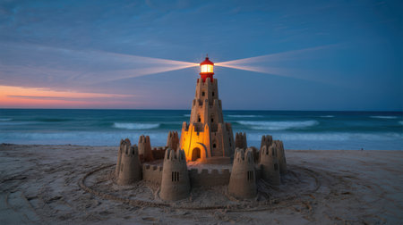 A detailed sandcastle lighthouse with illuminated windows and red top shines light beams across a beach at dusk. Gentle ocean waves lap the shore under a blue and orange twilight sky.の素材