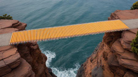A bridge constructed from numerous yellow pencils spans a deep, rocky chasm. Blue ocean water with white foam churns below.の素材