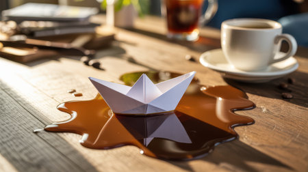 A white paper boat rests on a puddle of spilled brown coffee on a wooden table. Coffee beans and a cup are visible in the background.の素材