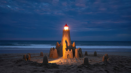 A sandcastle shaped like a lighthouse glows with warm light on a beach at twilight. The ocean and waves are visible in the background under a dark blue, cloudy sky.の素材