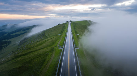 A wet asphalt road with yellow and white lines winds up a lush green mountain covered in grass and mist. Clouds obscure the summit and the sky above is overcast.の素材