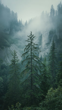 Dark green evergreen trees stand tall against a misty mountain slope with a sheer rock face. Dense fog obscures the upper reaches of the landscape.の素材