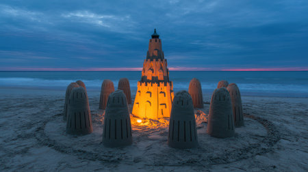 A sandcastle fortress glows with internal orange light on a beach at dusk. Surrounding it are several sand pillars with vertical cutouts. The ocean and a colorful twilight sky are in the background.の素材