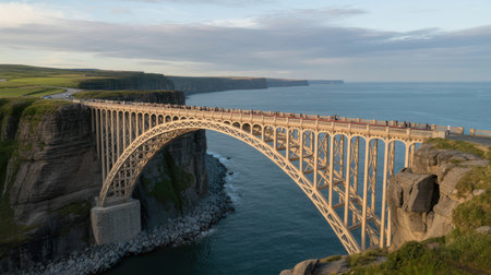 A large arch bridge with a light-colored metal structure spans a deep blue ocean. Rocky cliffs and green grassy hills surround the water.の素材
