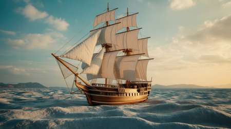 A wooden sailing ship with full white sails navigates textured blue fabric waves under a sky with scattered clouds and warm sunlight.の素材