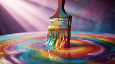 A close-up shot of a paintbrush with rainbow colored paint dripping from its bristles into a swirling pool of colorful liquid paint.の素材