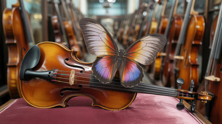 A close-up of an antique violin with a colorful butterfly resting on its strings. The violin is brown with black tuning pegs and a chin rest. It sits on a red velvet surface.の素材