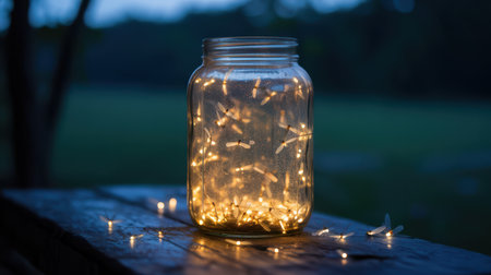 A glass jar filled with fireflies and fairy lights sits on a wooden surface at dusk. The lights create a warm glow, illuminating the insects and the surrounding dark background.の素材