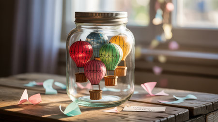 A clear glass jar on a rustic wooden table holds five miniature hot air balloons in red, green, blue, yellow, and pink. Confetti pieces are scattered around the jar and on the table.の素材