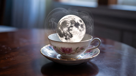 A luminous full moon sits within a delicate vintage teacup adorned with floral patterns. Wisps of steam rise from the cup, set against a dark wooden table and blurred background with soft light.の素材