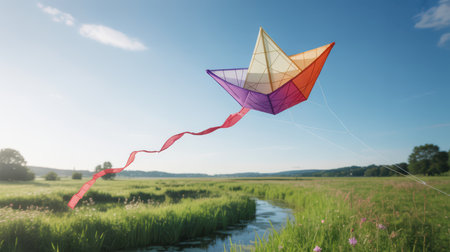 A multi-colored geometric kite with purple orange and yellow panels and a long red tail flies in a clear blue sky. The kite is positioned above a lush green meadow with a winding stream and distant trees.の素材