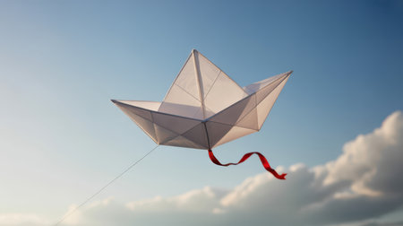 A white paper boat shaped kite with a red ribbon tail flies against a soft blue sky with scattered white clouds.の素材