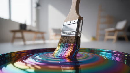 A paintbrush with a wooden handle and metal ferrule is dipped into a swirling pool of rainbow-colored paint, creating ripples and reflections.の素材