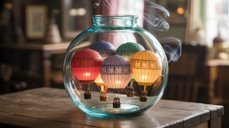 A large clear glass jar contains several glowing miniature hot air balloons in red purple orange green and blue. Wisps of smoke curl around the jar.の素材