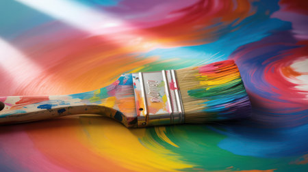 A well worn paintbrush lies on a surface with swirling colorful paint strokes in red, blue, yellow, green, and pink. The brush has paint splatters on its wooden handle and metal ferrule.の素材