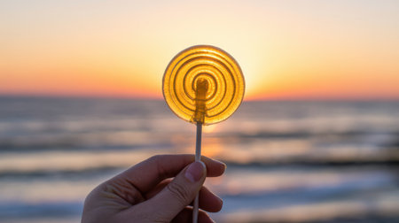 A hand holds a translucent yellow spiral lollipop backlit by a warm sunset over the ocean. The lollipop's glow illuminates its concentric circles against the soft orange and pink hues of the sky and the blurred blue water.の素材