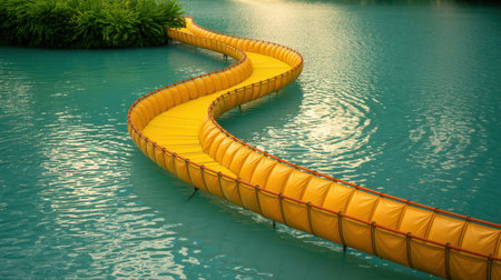A bright yellow inflatable bridge snakes over calm turquoise water. Green foliage is visible on the left. The water has gentle ripples and reflections.の素材