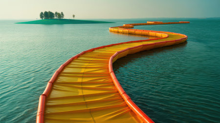 A bright yellow floating walkway with an orange border curves across deep blue water towards a small green island topped with trees.の素材