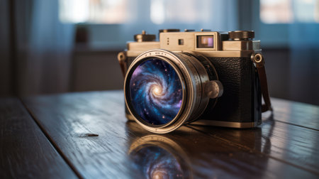 A vintage brass camera with a leather strap sits on a dark wooden table. The lens reflects a vibrant swirling galaxy with stars and nebula in purple blue and yellow hues.の素材