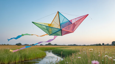 A multi-colored geometric kite with long ribbon tails flies in a clear blue sky over a green grassy field and a winding stream.の素材