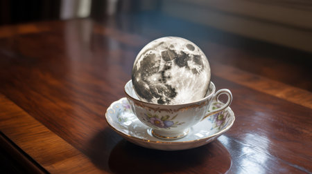 A detailed full moon rests within a vintage floral teacup and saucer on a dark polished wooden surface. Soft light illuminates the scene.の素材