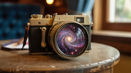 A vintage camera with a galaxy reflected in its lens sits on a textured wooden table. The galaxy is a swirling mass of purple pink and blue stars and nebulae.の素材