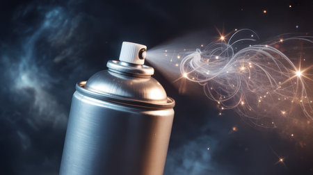 A silver spray can releases a stream of white mist and glowing abstract light particles against a dark, cloudy, and dramatic background.の素材