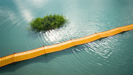 An aerial view shows a vibrant orange floating walkway extending across calm turquoise water towards a small, lush green island. Sunlight reflects on the water's surface creating ripples and patterns.の素材