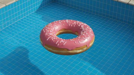 A pink frosted doughnut with white sprinkles floats in bright blue swimming pool water with white grid lines on the tiles below.の素材
