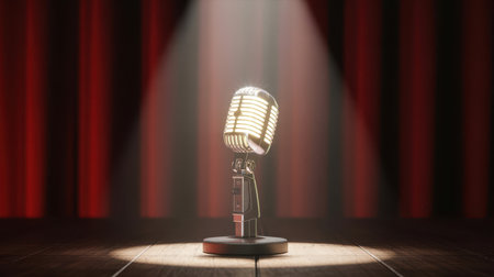 A vintage silver microphone stands on a wooden stage under a bright spotlight. Red curtains hang in the background, creating a dramatic performance setting.の素材
