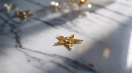 A single golden star-shaped confetti piece rests on a white marble surface with grey veining. Soft light casts shadows and creates bokeh in the background.の素材